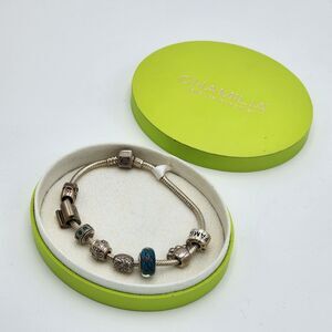 Chamilia VTG 925 Sterling Silver Bracelet 8 Charms Retired Blue Topaz Murano